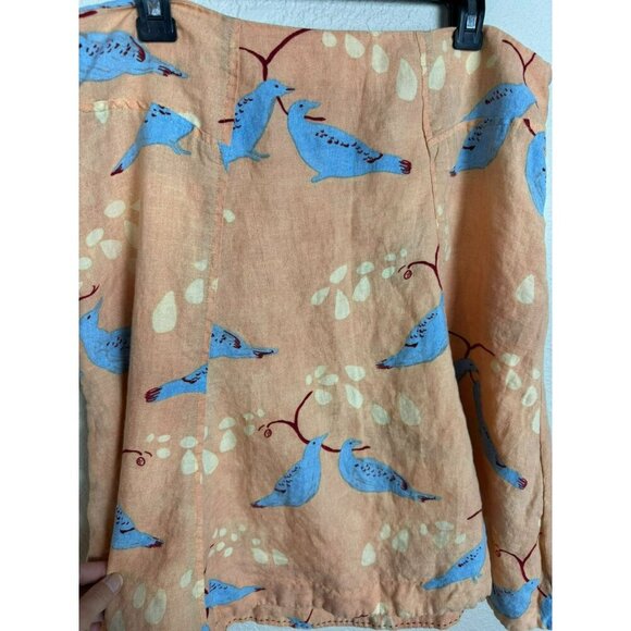 Anthropologie Meadow Rue Skirt Size 14 Linen Knee Length Peach Blue Bird A Line - Picture 4 of 9